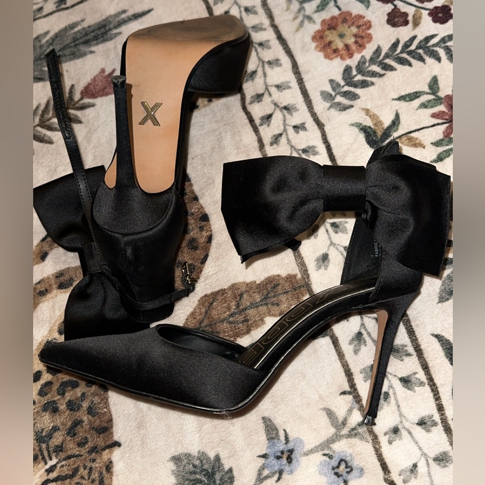 Express Black Satin Pointed-Toe Bow Ankle-Strap Heels
